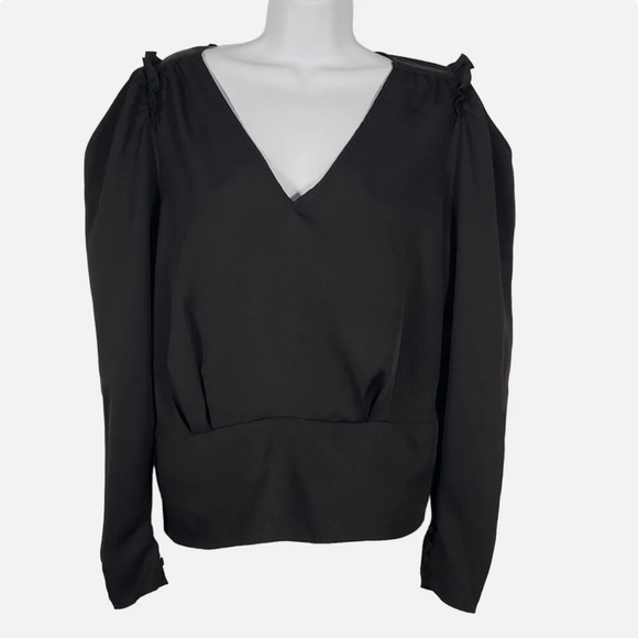 Express Womens Puff Sleeve V-neck Ruffle Shoulder Long Sleeve Top Black Size L - Picture 3 of 11